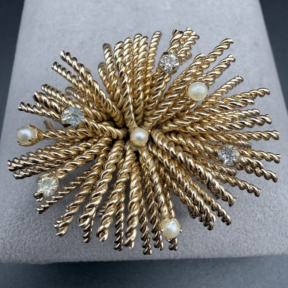 Vintage Gold Tone Starburst Brooch Faux Pearl Crystal Rope Wire Pin Mid Century